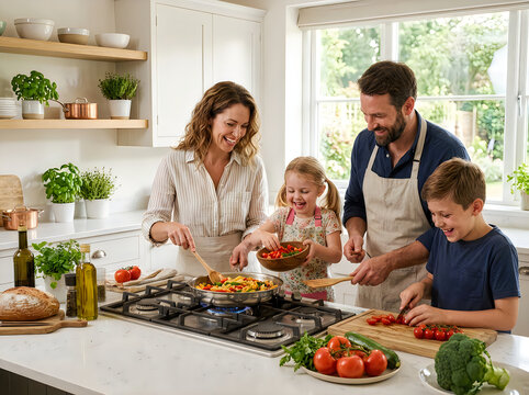 Happy family cooking a healthy meal together in a bright, modern kitchen