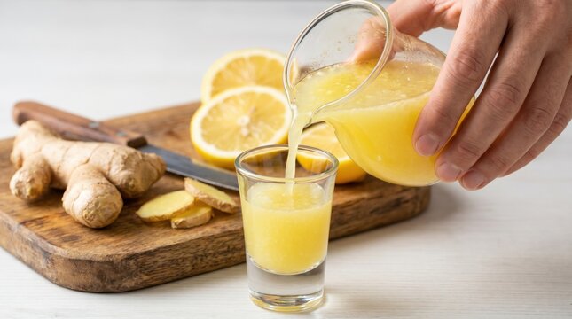 Hand pouring fresh ginger and lemon juice into shot glass