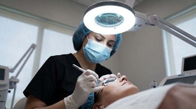 Aesthetician performing dermaplaning facial treatment
