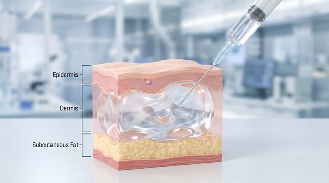 3D illustration of dermal filler injection into skin layers