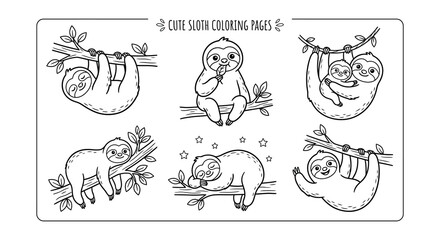 Fototapeta premium Sloth Illustrations Black And White Vector Set With Foliage
