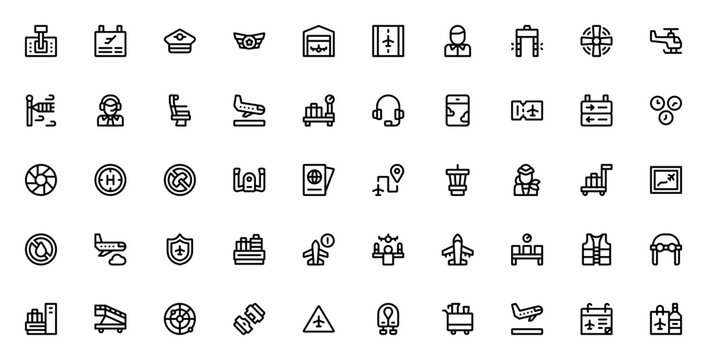 Aviation icon set. Minimal linear icons. Travel icon set. Includes control lever, departures, pilot hat, hangar, flight attendant, propeller, helicopter, wind socket and more. Editable vector stroke.