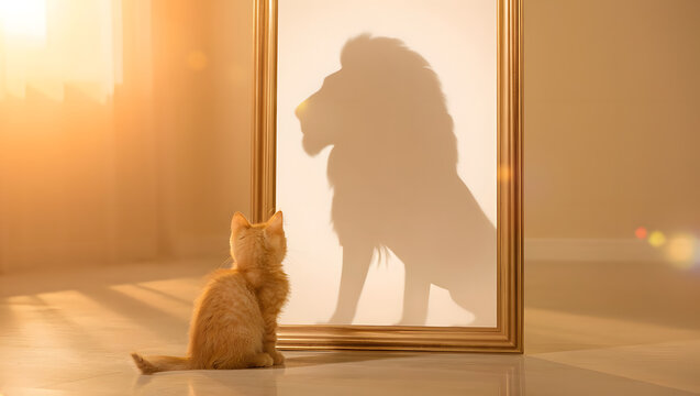 A small ginger kitten looking at a mirror that reflects the shadow of a majestic lion, symbolizing inner strength, hidden potential, courage, self-confidence, and big ambition.