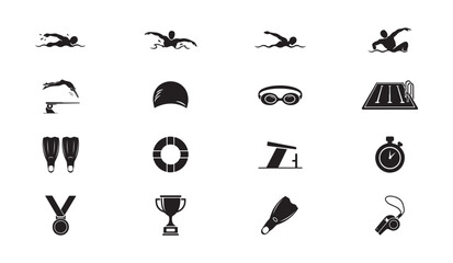 Swimming competition icons set with athletes swimming gear medals and timing equipment now. © RANA