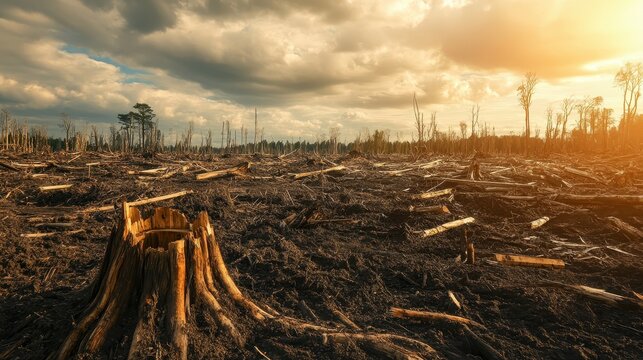 Devastated forest landscape showing extensive deforestation and habitat destruction with fallen trees and stumps under a stormy sky.