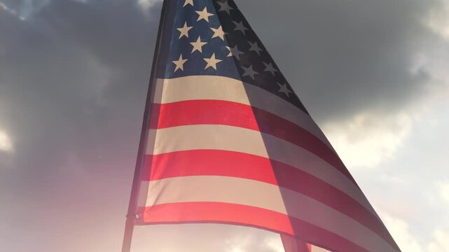 close up American flag waving in the wind against sunset with slow motion. outdoor background for 4th of July, Memorial Day, Independence Day, Veterans Day, Celebrate USA, American President Election