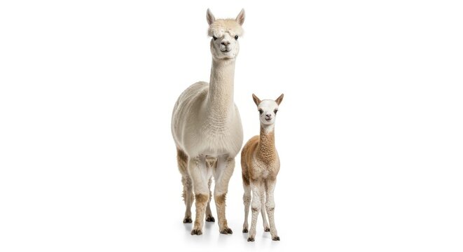 Cute White Mother Alpacas Standing Next To Its Small Baby Alpaca Isolated On A White Background Showing Maternal Bond And Farm Animal Wildlife Nature
