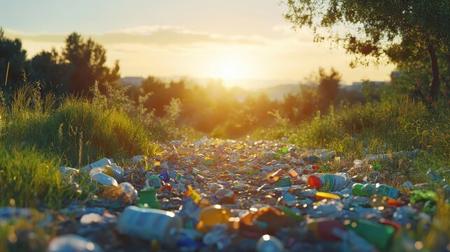 Discarded plastic bottles and waste accumulate on the ground bathed in golden sunset light, highlighting environmental pollution.