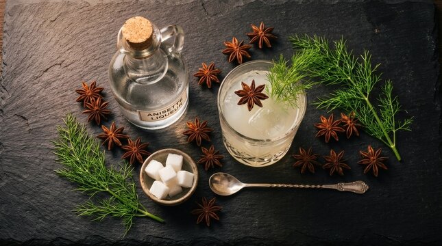 Anise-flavored drink with star anise and sugar cubes on dark surface perfect for National Anisette Day