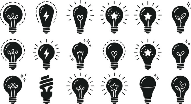 Inspiration and ideas graphic elements bundle with modern led spiral fluorescent and classic filament light bulb shapes for creative branding layout