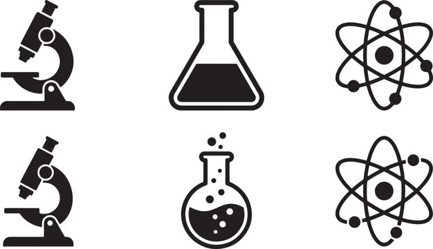 Black and white science icons including microscopes and beakers