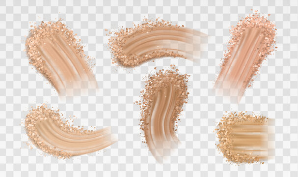 Makeup foundation smear set isolated on transparent background. Vector realistic illustration of creamy beige cosmetic texture, powder and liquid cream swatches, beauty complexion, tester samples