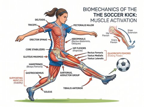 Biomechanics of a soccer kick muscle activation anatomy diagram