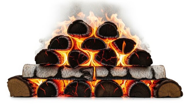 Stacked Birch Firewood Logs Burning in Bright Orange Flames Isolated on White Background for Winter Heating and Cozy Home Decor Concepts