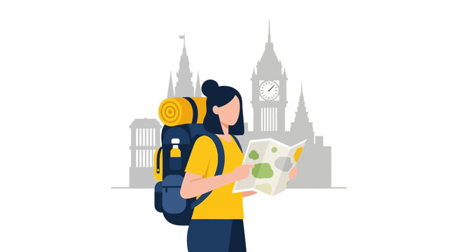 Female Backpacker Exploring London with Map and Big Ben Background Flat Illustration