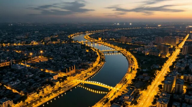 aerial ahmedabad indian city golden light timelapse video