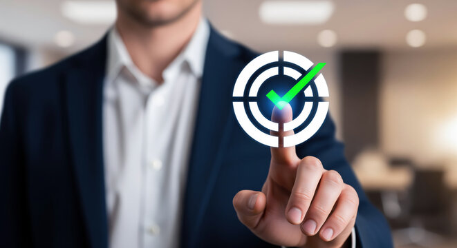 Decision approval workflow in a meeting room turns a target check mark into a clear signal for goal review, project sign off, sales objective tracking and management action after final review