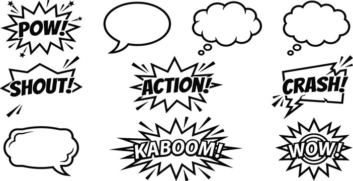 Comic Book Speech Bubbles and Sound Effects Set Featuring Pow Action Kaboom Crash and Wow Vector Element Designs
