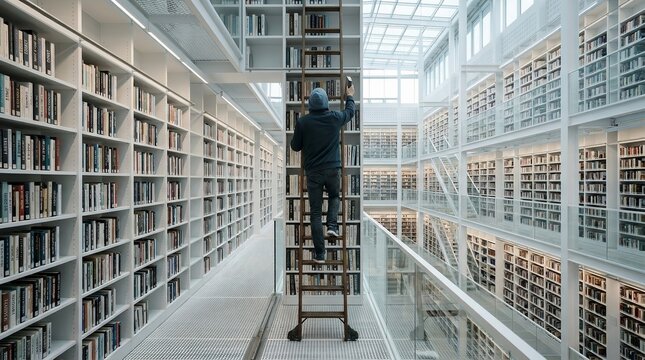 Thoughtful Person Searching Through Endless Library, Concept of Anxiety, Overthinking and Information Overload