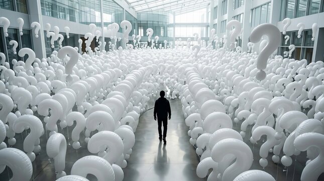 Person Surrounded by Endless Question Marks, Concept of Chronic Anxiety and Persistent Overthinking