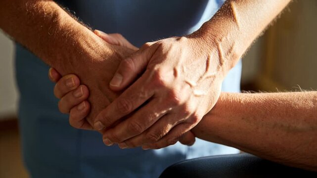Approaching caregiver in blue scrubs assessing senior forearm on armrest at clinic, palpating wrist