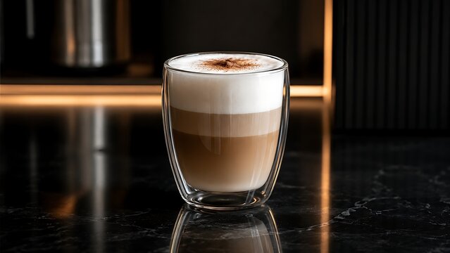 Layered latte coffee in clear glass sits on dark marble countertop.