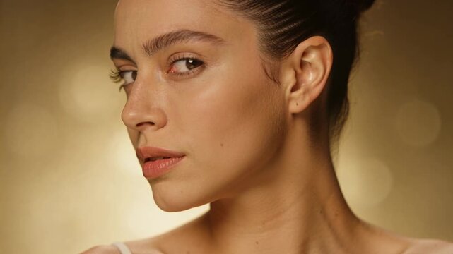 Camera rolling, model posing, turning and shifting gaze in warm studio lighting with thin straps