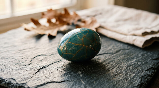 Beautiful teal stone sphere with golden veins on a dark slate surface with leaves