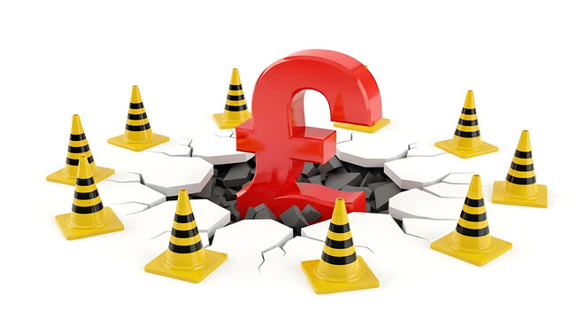 Large red pound sterling currency symbol emerging from cracked ground surrounded by traffic cones with sterling currency economic business devaluation financial