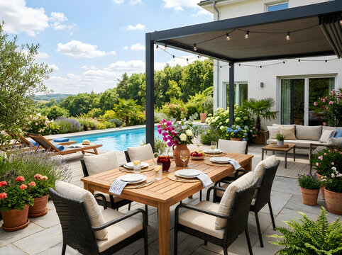 Outdoor dining area on a patio with a swimming pool and scenic garden view in summer