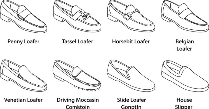 Collection of eight different loafer shoe styles footwear