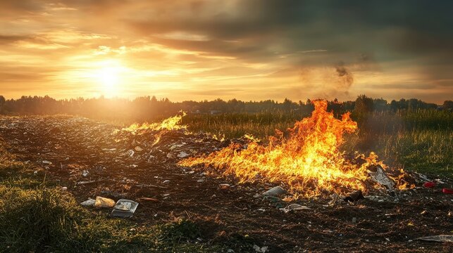 Massive waste burning in an open field under a dramatic sunset sky, showcasing environmental destruction.