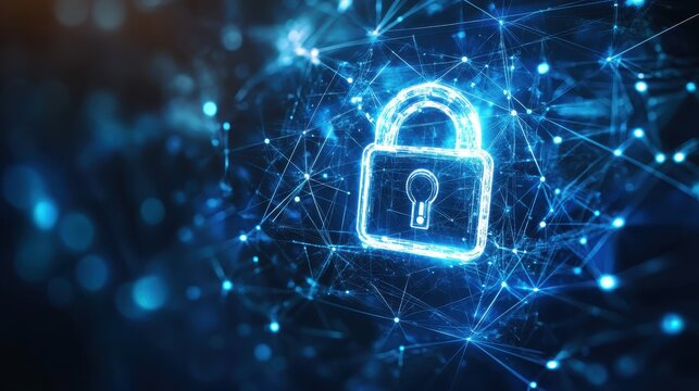 Futuristic digital security lock glowing on abstract network background representing cyber protection