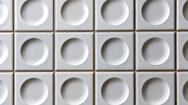 Seamless geometric background pattern made of white square ceramic tiles, featuring a distinctive three dimensional texture with a concave circular design on each tile module