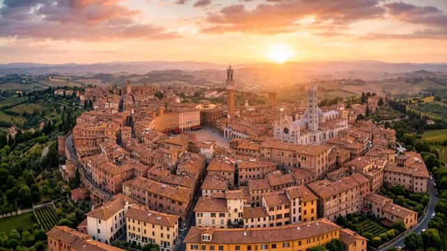 aerial siena town italy sunset dolly out cinematic video