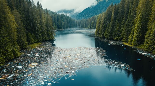Massive accumulation of floating plastic debris polluting a pristine lake surrounded by dense forest and mountains, highlighting a critical environmental crisis.