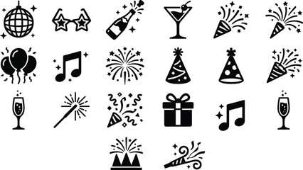 Fototapeta premium Vector Party Icon Set Featuring Disco Ball Balloons Fireworks Champagne and Birthday Celebrations