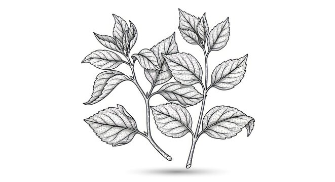 Detailed botanical illustration of leaves and stems in grayscale on white background