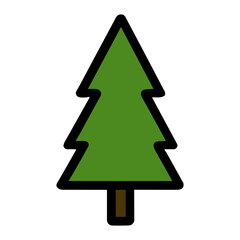 Fototapeta premium Simple flat green evergreen tree icon with bold black outline and brown trunk on a white background, minimalist cartoon illustration evoking pine, fir, forest and nature.