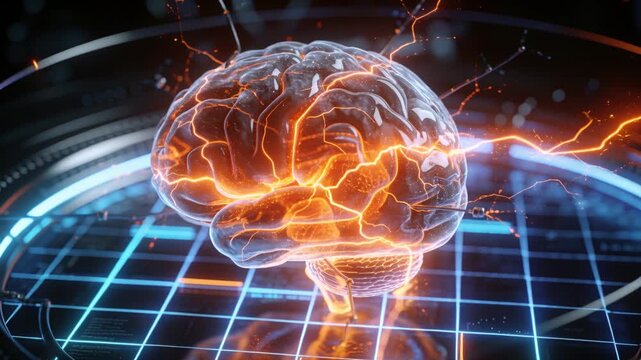 Probes contacting translucent 3D brain, igniting orange currents tracing gyri on blue grid for scan