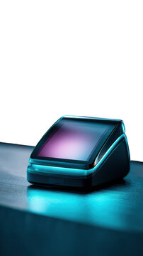 Contactless payment terminal with glowing touchscreen and teal bokeh lights isolated on transparent background