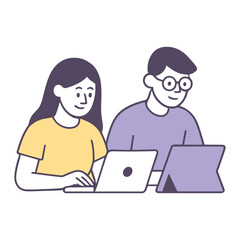 Fototapeta premium Illustration of two people collaborating at a desk using a laptop and tablet for remote work and online learning, studying together and sharing digital tasks in a modern workspace