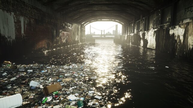 Polluted urban river filled with floating trash under a stark concrete archway leading to a city skyline, a grim environmental depiction.