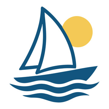 Stylized blue sailboat icon on wavy sea with a yellow sun rising behind the sails; minimalist flat design representing sailing, summer travel, marine recreation and coastal leisure