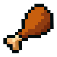 Fototapeta premium Pixel art cooked chicken drumstick rendered as a retro 8-bit video game sprite, stylized fried poultry leg with blocky shading and bold black outline on a plain white background