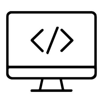 Minimal black-and-white line illustration of a desktop computer monitor displaying HTML code symbols (angle brackets and slash) representing programming, coding, and development.