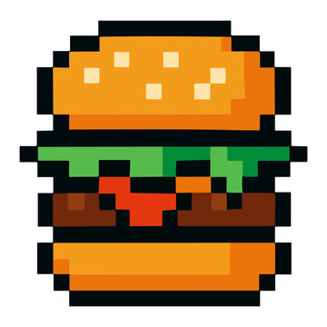 Bright pixel-art cheeseburger illustration showing stacked sesame bun, melted cheese, beef patty, lettuce and tomato in retro 8-bit style, colorful low-resolution gaming icon