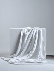 Fototapeta premium White fabric fabric table draped fabric drape satin silk smooth minimal ceremonial white satin cloth draped over pedestal, soft folds and glossy texture create serene, minimal composition with