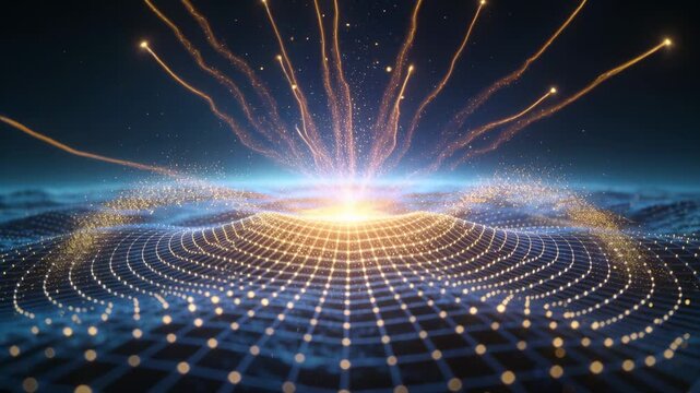 Emerging golden glow forming central mound sending gold tendrils upward on grid making ripples