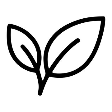Minimalist black line illustration of a two-leaf sprout icon on white background, representing growth, nature, plant life, sustainability, eco and organic concepts.